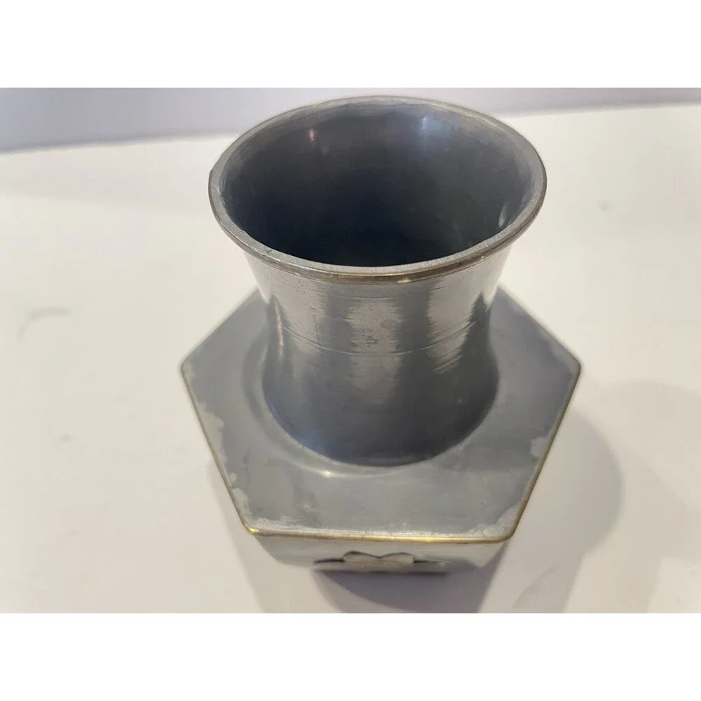 Vtg Colonial  Style Pewter Vase W  Brass Flowers & Trim / Hexagon Base  4 1/4